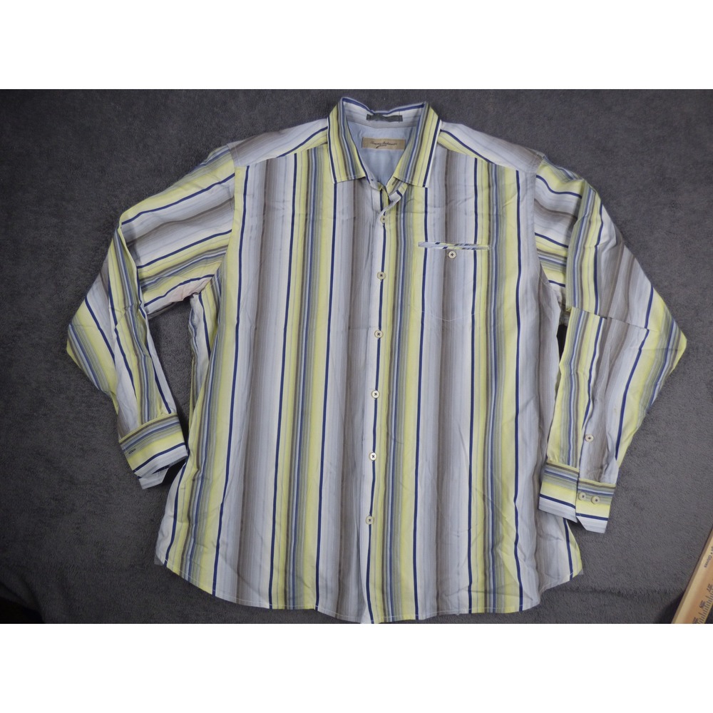 Tommy Bahama Mens XL Cotton Silk Striped Long Sleeve Button Up Shirt Yellow Blue